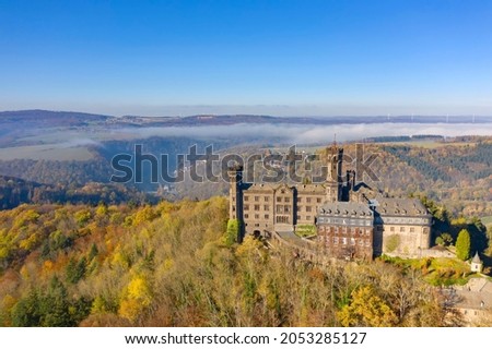 Bird's eye view of Schaumburg Castle near Balduinstein - Germany in autumn 