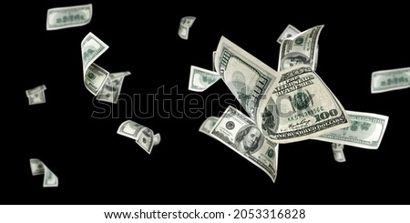 Us dollar. American money, falling cash. Flying hundred dollars isolated on black background Royalty-Free Stock Photo #2053316828