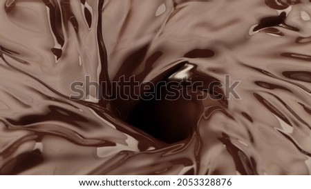 Macro photo of premium dark chocolate splashing. Freeze motion, splashing melted chocolate background, twister shape.