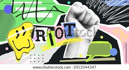 Strong fist raised up in halftone shape. Vector collage in contemporary punk grunge style . Modern poster with dotted elements, brush strokes, urban magazine pattern. Concept of human rights fight. Royalty-Free Stock Photo #2053344347