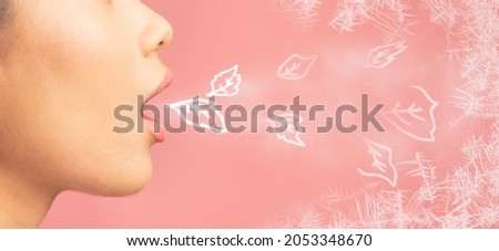 Side View Of Young Female Having Fresh Mouth Breath, Creative Collage With Drawned Mint Leaves And Freeze Air Flying Out Of Young Asian Woman's Mouth Over Pink Background, Cropped Shot, Panorama Royalty-Free Stock Photo #2053348670