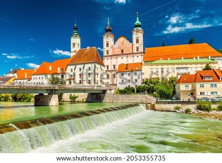 Cityscape of the beautiful Austrian city of Steyr, Upper Austria Royalty-Free Stock Photo #2053355735
