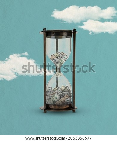 Cash, money flows into hourglass isolated on blue sky cloudy background. Contemporary art collage. Inspiration, idea, trendy urban magazine style, fashion and creativity. Copyspace for ad. Surrealism. Royalty-Free Stock Photo #2053356677