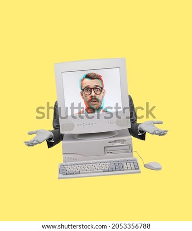 Contemporary art collage and modern design. Male gaze from the past. Retro computer isolated over yloow background. Concept of idea, inspiration, creativity and art. Minimalism Royalty-Free Stock Photo #2053356788