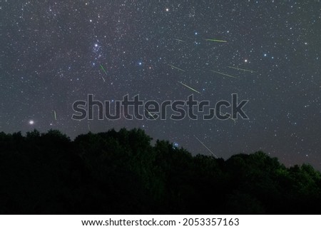 Meteor swarm of Perseids in the night sky with the Milky Way, August 2021