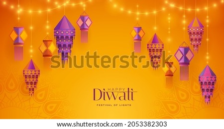 Happy Diwali. Group of paper graphic Indian lantern on Indian festive theme big banner background. The Festival of Lights. Royalty-Free Stock Photo #2053382303