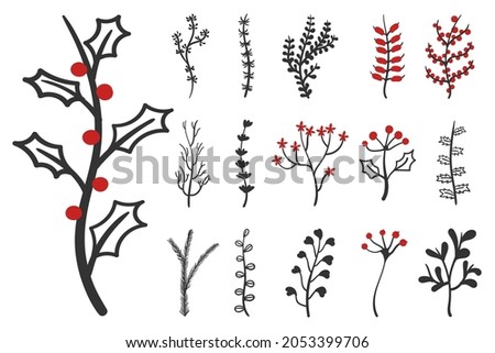 Hand drawn winter leaves and branches. Set of vintage doodle flowers Merry Christmas and Happy New Year. Floral twig, botanical branch with berry and leaf for cards or posters. Vector illustration.