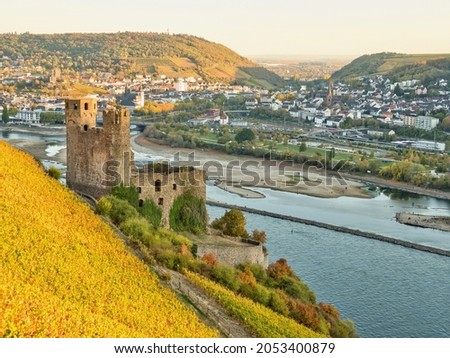 A view of Burg Ehrenfels with Bingen am Rhein on the other site, photographed from Rüdesheim Royalty-Free Stock Photo #2053400879