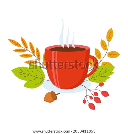 Autumn still life with a cup of tea on a white background 