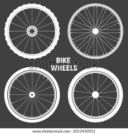 Bicycle wheel symbols collection. Bike rubber tyre silhouettes. Fitness cycle, road and mountain bike. Vector illustration.