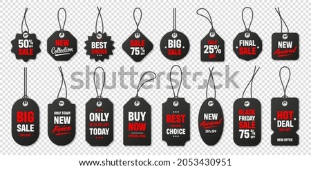 Realistic black price tags collection. Special offer or shopping discount label. Retail paper sticker. Promotional sale badge with text. Vector illustration.