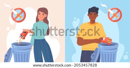 Man and woman quit smoking. Healthy lifestyle, people get rid of bad habits. Taking care of your health, harm from cigarettes. Guy and girl throw pack in garbage. Cartoon flat vector illustration