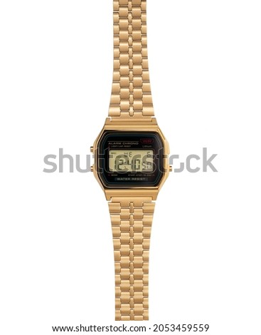 Luxurious golden woman watch on a white background. Popular retro watch collection.
