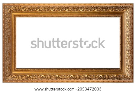 Golden Classic Old Vintage Wooden mockup canvas frame isolated on white background. Blank and diverse subject moulding baguette. Design element. use for framing paintings, mirrors or photo.