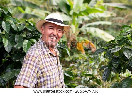 Portrait of a smiling senior farmer. Coffee farmer wearing hat. Happy old man in a Colombian coffee crop. Royalty-Free Stock Photo #2053479908