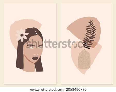 Modern minimalist poster with abstract woman face, pastel organic shapes, tropical leaf in vase. Trendy minimal fashion art for poster, cover, logo, textile, wallpaper, wall decor, brochure, banner