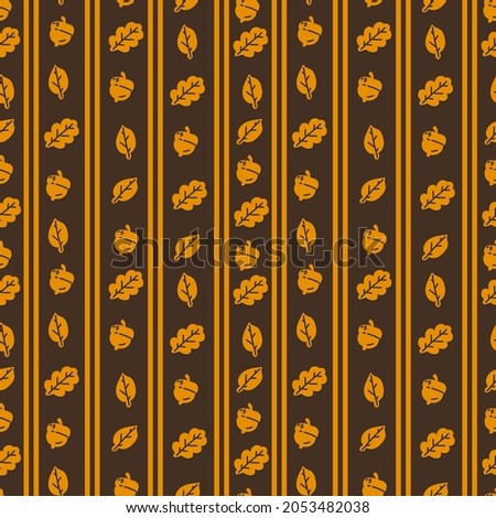 The background is a simple orange autumn striped. Autumn acorn, leaves. Beautiful wrapping paper for the October Halloween carnival. Vector illustration