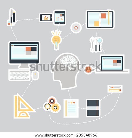 Infographic. Flat design modern vector illustration icons set of SEO website searching optimization and technology development object and equipment in stylish colors.