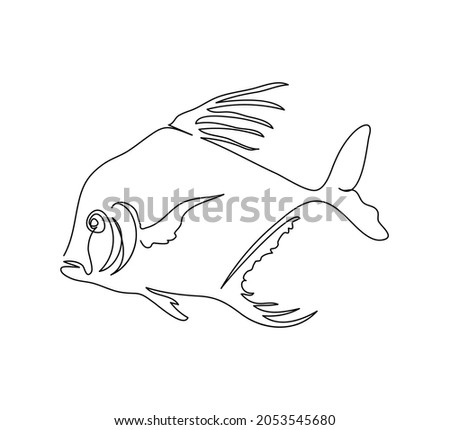 Vomer fish, silver moonfish, continuous line drawing. One line art of fish, seafood.