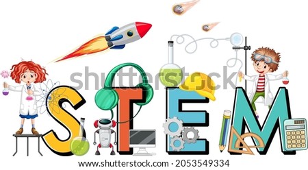 STEM education logo with children cartoon character illustration