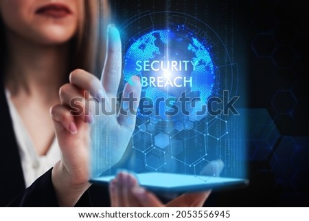 Business, Technology, Internet and network concept. Young businessman working on a virtual screen of the future and sees the inscription: Security breach