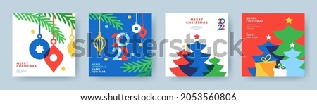 Merry Christmas and Happy New Year Set of greeting cards, posters, holiday covers. Modern Xmas design in blue, green, red, yellow and white colors. Christmas tree, balls, fir branches, gifts elements Royalty-Free Stock Photo #2053560806