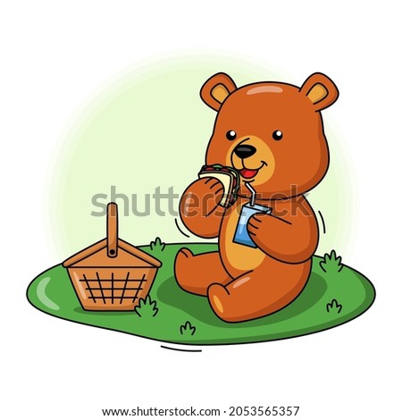 Cartoon illustration of cute bear eating sandwich