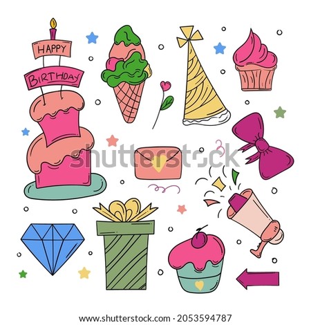 Happy Birthday doodle icon in colourful