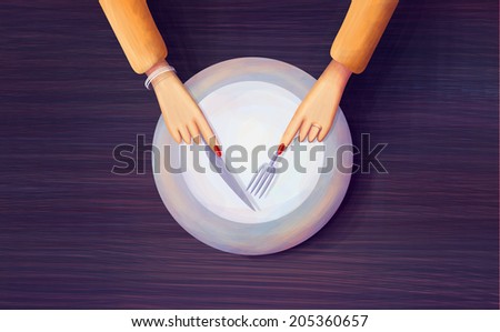 The woman's hands near the plate. Beautiful raster illustration for your design