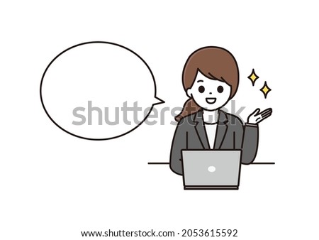A business woman balloon illustration of a woman in a suit explaining with a smile in front of a computer