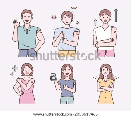 People who have been vaccinated against the epidemic are making a positive gesture. flat design style vector illustration.