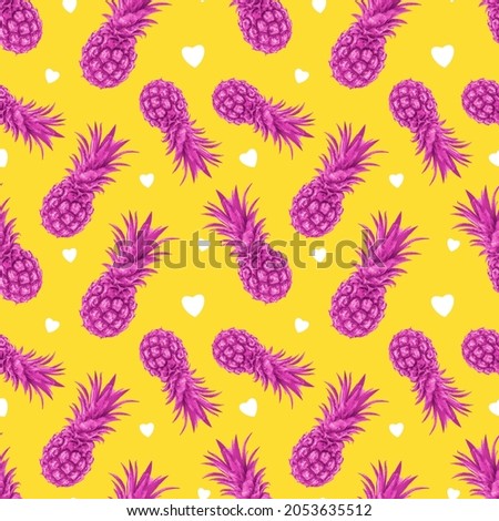 Pink pineapples and white hearts on a yellow background. Seamless pattern for design of clothes, printing on paper for packaging. Tropical fruits concept