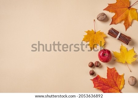 Autumn flat lay with bright colorful maple leaves  with apple and nuts on orange background. Top view and copy  space. 
