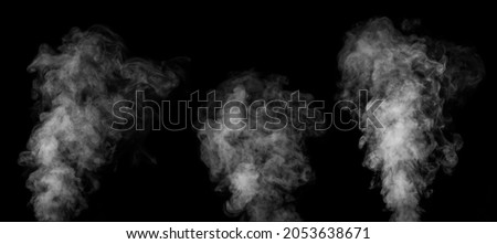 A set of three different white fumes, smoke on a black background to add to your pictures. A collection of vapors for your photos. Perfect smoke, steam, fragrance, incense for your photos.