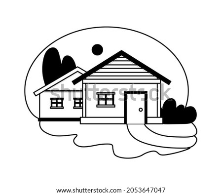 House building line art isolated vector icon concept exterior. Home landscape illustration mortgage residence. Outline sketch drawing. 