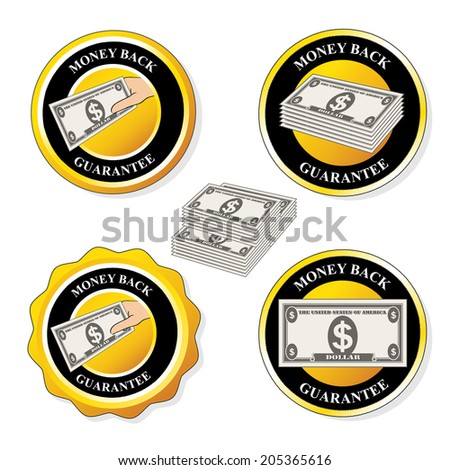 money back guarantee icons, circular stickers with dollar