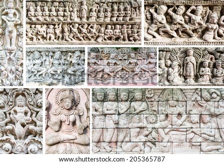 collection set High relief sculpture stone about religion buddha.this statue are public domain for use decoration ,case study and take photo at public place in thailand