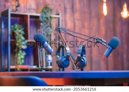 Soundproofing acoustic treatment for home studio recording podcasts for popular videos. Podcast media studio for broadcasting audio. Video camera setup for podcasting microphone speech or interview