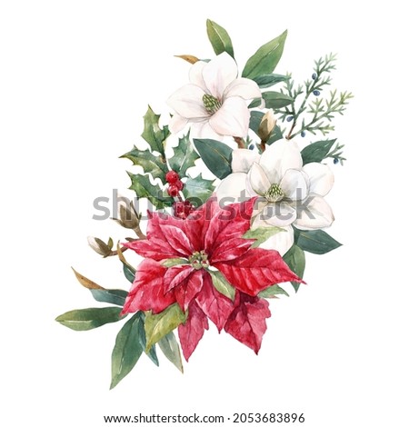 Beautiful floral christmas composition with hand drawn watercolor winter flowers such as red poinsettia holly. Stock 2022 winter illustration.