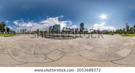 360 seamless hdri panorama view on square near seashore or ocean with skyscrapers with blue sky and good weather in equirectangular spherical projection, ready AR VR virtual reality content Royalty-Free Stock Photo #2053688372