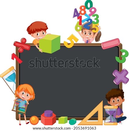 Empty blackboard with school kids and math objects illustration