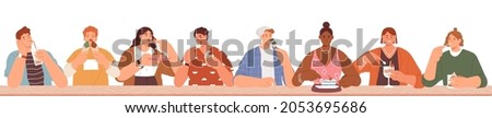 People eating desserts. Banner with men and women enjoying sugar food at table, tasting delicious cakes and ice cream. Sweet teeth border on white background. Colored flat graphic vector illustration Royalty-Free Stock Photo #2053695686