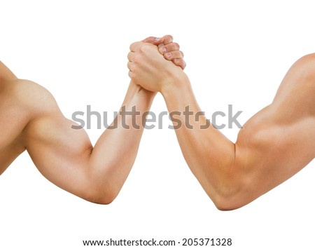 Two muscular hands clasped arm wrestling, isolated on white  