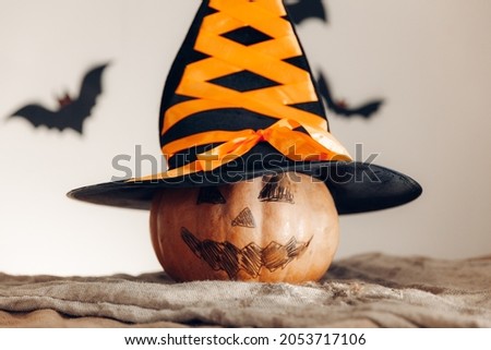 pumpkin with painted face and witch hat. halloween concept.