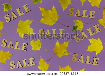 Creative layout with autumn maple leaves and wooden letters with the words sale. Seasonal sale concept