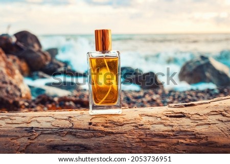 A golden transparent perfume bottle with drops on a sea log. Close-up. In the background, the ocean. Concept of International Fragrance Day. Royalty-Free Stock Photo #2053736951