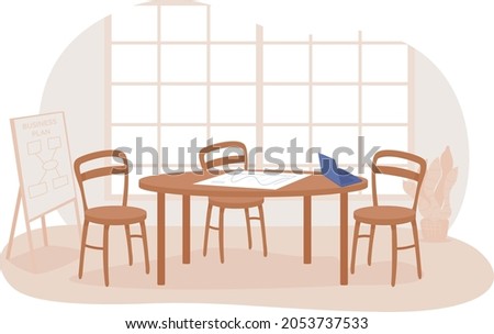 Meeting room 2D vector isolated illustration. Table with chairs for corporate team. Workshop space. Startup conference room flat interior on cartoon background. Office colourful scene
