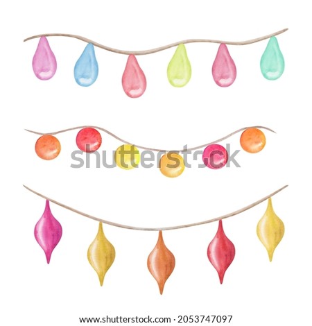 Watercolor illustration hand painted colorful fir tree balls of different shapes on the chaplet isolated on white. Festoon design clip art for postcards, packaging paper, textile. Christmas garland