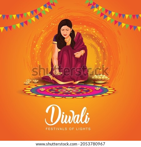 Indian festival of Diwali celebration background with decorated Rangoli and Diya. vector illustration design. Royalty-Free Stock Photo #2053780967