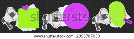 Collage element for message with loudspeaker with speech bubble png and realistic stickers. Vintage vector set. Royalty-Free Stock Photo #2053787030
